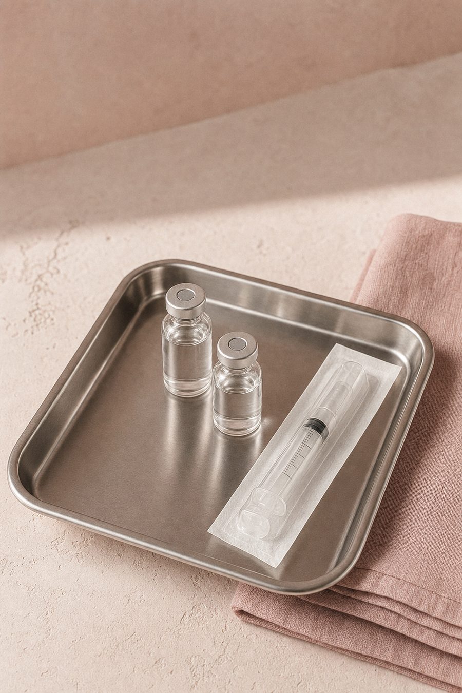 A stainless steel medical tray holding unlabelled glass vials and a sealed sterile syringe on a blush plaster surface.