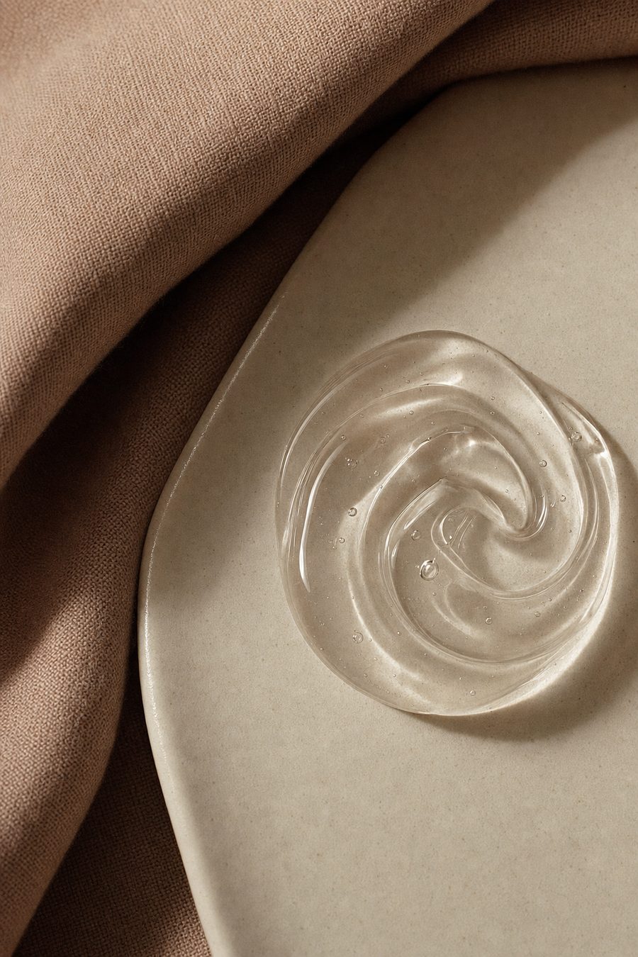A swirl of clear serum on a warm ceramic dish beside folded rose-beige linen.