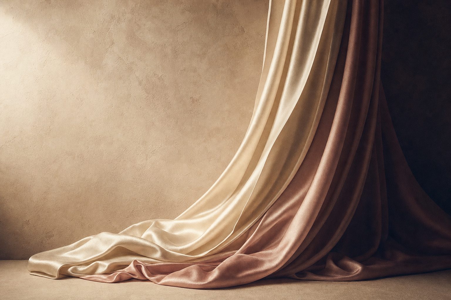 Champagne and blush silk draped across a warm plaster surface in soft directional light.
