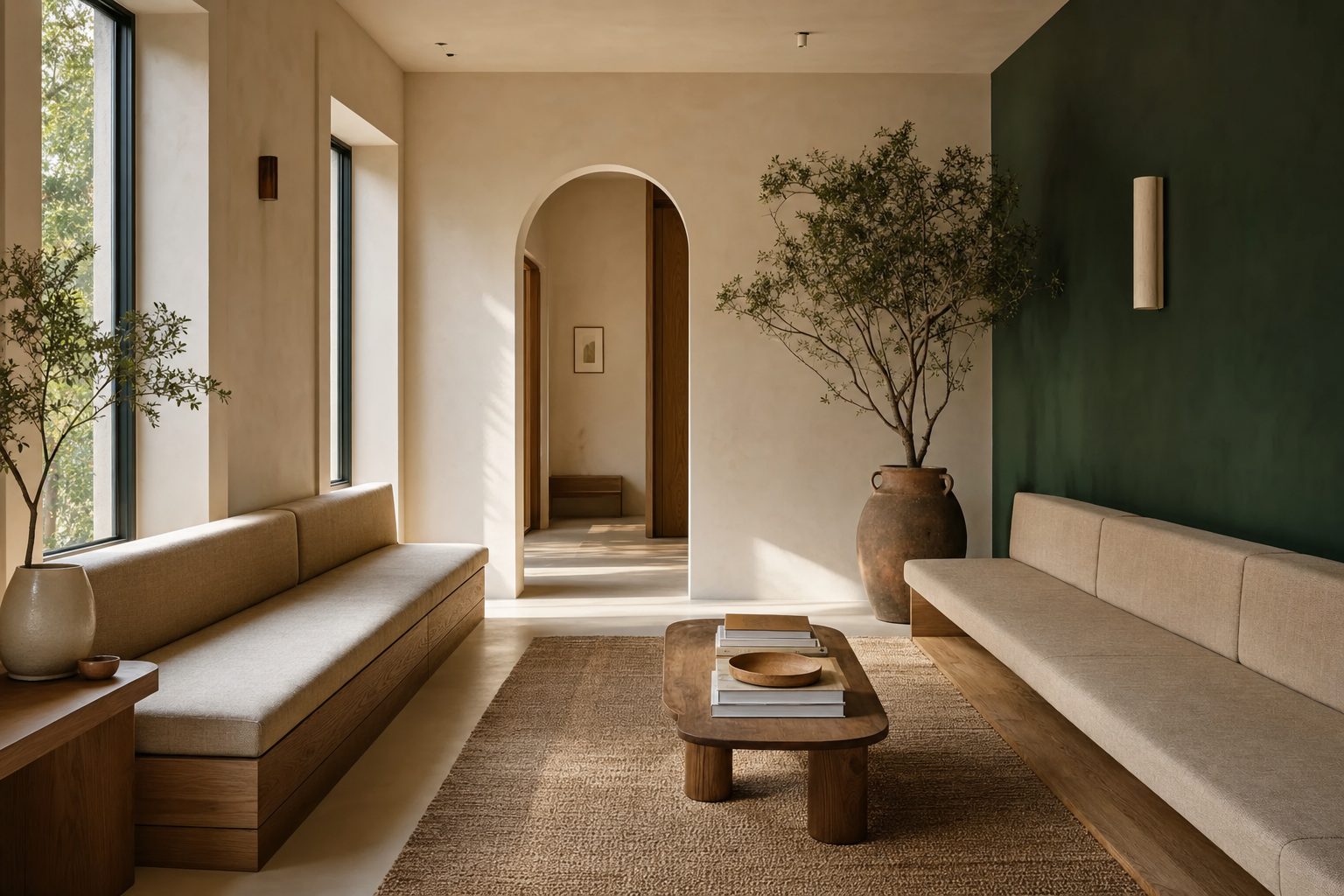 A calm clinic waiting area with oak bench seating, woven rug and a deep green accent wall.