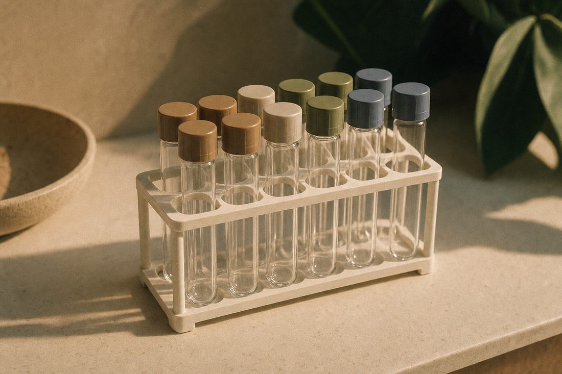 A rack of clean empty glass lab tubes on a pale counter in warm directional light.