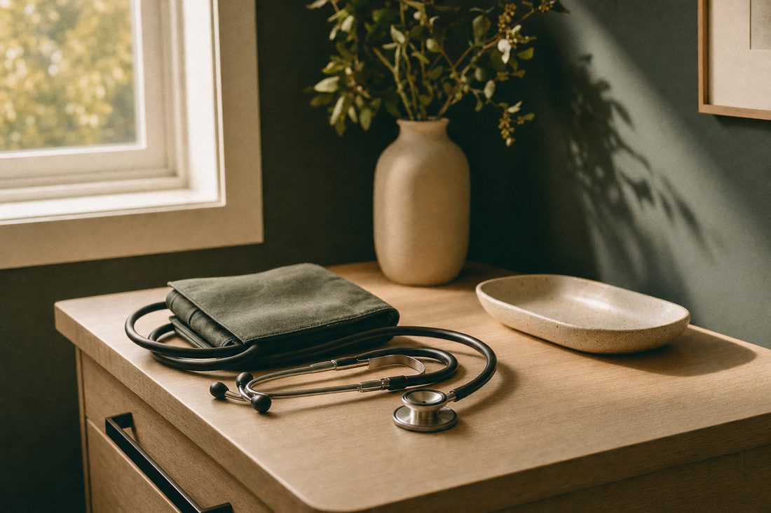 A blood pressure cuff and stethoscope on an oak exam room counter in warm light.